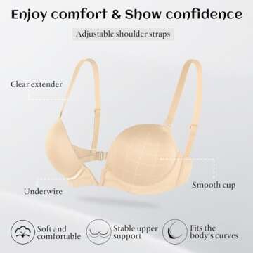 Amafuur Women's Deep V Plunge Padded Push Up Bras with Clear Straps Backless Convertible Low Cut Underwire Bra Nude 36C