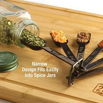2lbDepot Black Measuring Spoons Set of 7 Includes Bonus Leveler, Premium, Rust Proof, Heavy Duty, Black Plated, Stainless Steel Metal, Narrow, Long Handle Design fits into Spice Jars