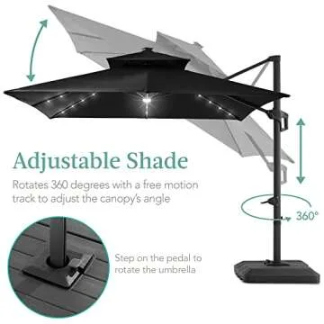 Best Choice Products 10x10ft 2-Tier Square Cantilever Patio Umbrella with Solar LED Lights, Offset Hanging Outdoor Sun Shade for Backyard w/Included Fillable Base, 360 Rotation - Black