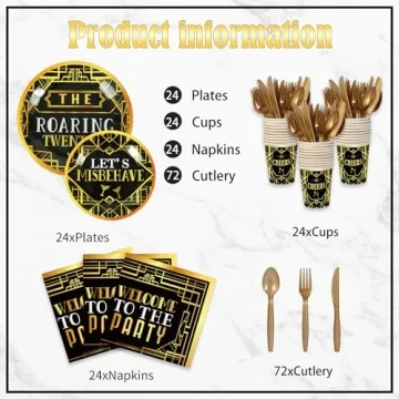 168 Pcs Roaring 1920's Party Set for 24 Guests