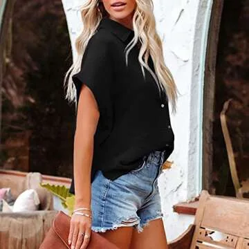 Davenil Women Short Sleeve Button Down Shirts Linen Casual Collar Blouses Black Size XL