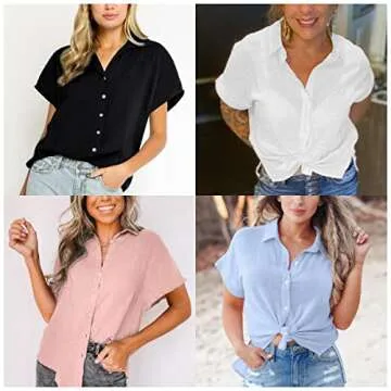 Davenil Women Short Sleeve Button Down Shirts Linen Casual Collar Blouses Black Size XL