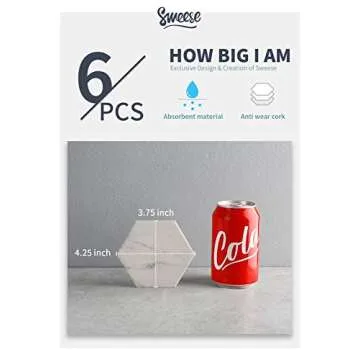 Sweese Hexagon Absorbent Coaster Sets of 6 - Marble Pattern Ceramic Drink Coaster with Cork Base for Tabletop Protection, Great for Kinds of Cups, Home Decor, No. 242.101