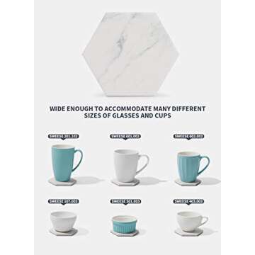 Sweese Hexagon Absorbent Coaster Sets of 6 - Marble Pattern Ceramic Drink Coaster with Cork Base for Tabletop Protection, Great for Kinds of Cups, Home Decor, No. 242.101