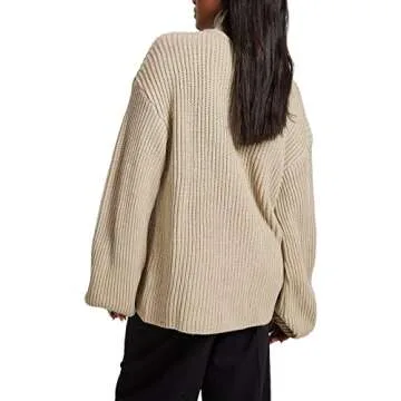 Women Zipper Long Sleeve Turtleneck Sweater Oversized Collared High Neck Pullover Ribbed Knit Solid Jumper Top(High Neck Khaki,Large)