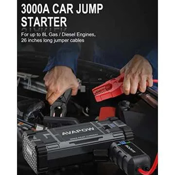 AVAPOW Car Battery Jump Starter 3000A Peak, Jumpstart with Force Start Function, Portable Starters for Up to 8L Gas 8L Diesel Engine with Booster Function,12V Lithium Jump Charger Pack Box