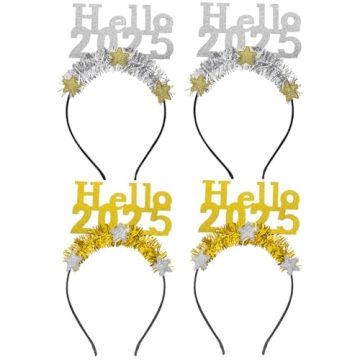 LUOZZY 4 PCS 2025 Happy New Year Star Headband Tiara Hello 2025 Glitter Star Sequins Hairband 2025 Hair Hoops for Christmas 2025 New Year Eve Party Supplies, Gold and Sliver