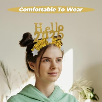 LUOZZY 4 PCS 2025 Happy New Year Star Headband Tiara Hello 2025 Glitter Star Sequins Hairband 2025 Hair Hoops for Christmas 2025 New Year Eve Party Supplies, Gold and Sliver
