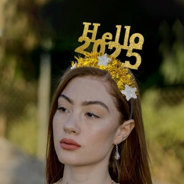 LUOZZY 4 PCS 2025 Happy New Year Star Headband Tiara Hello 2025 Glitter Star Sequins Hairband 2025 Hair Hoops for Christmas 2025 New Year Eve Party Supplies, Gold and Sliver