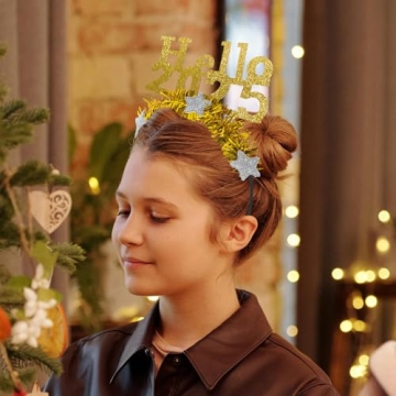 LUOZZY 4 PCS 2025 Happy New Year Star Headband Tiara Hello 2025 Glitter Star Sequins Hairband 2025 Hair Hoops for Christmas 2025 New Year Eve Party Supplies, Gold and Sliver