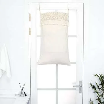 Mkono Macrame Hanging Laundry Hamper Bag Over The Door Organizer Laundry Bag Boho Decor Hanging Clothes Hamper for College Dorm Room Bathroom Home Travel Space Saving