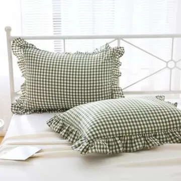 Mywinlle Sage Green Plaid Ruffle Pillow Shams Standard Set of 2,Vintage Checkered Washed Cotton Bed ...