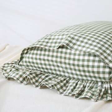 Mywinlle Sage Green Plaid Ruffle Pillow Shams Standard Set of 2,Vintage Checkered Washed Cotton Bed Pillow Covers-20 x26