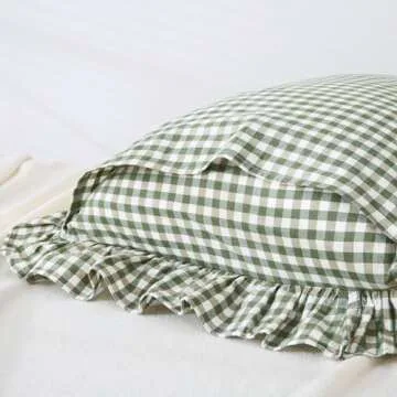 Mywinlle Sage Green Plaid Ruffle Pillow Shams Standard Set of 2,Vintage Checkered Washed Cotton Bed Pillow Covers-20 x26