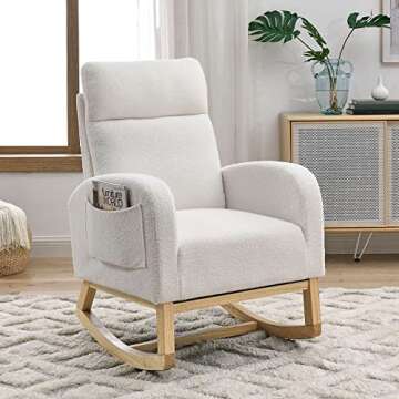 Krinana Nursery Rocking Chair with Solid Wood Legs, Glider Chair for Nursery with Two Side Pockets, Rocker Armchair for Living Room Bedroom (Ivory White, Teddy Fabric)