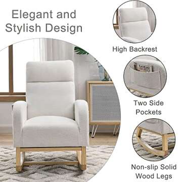 Krinana Nursery Rocking Chair with Solid Wood Legs, Glider Chair for Nursery with Two Side Pockets, Rocker Armchair for Living Room Bedroom (Ivory White, Teddy Fabric)