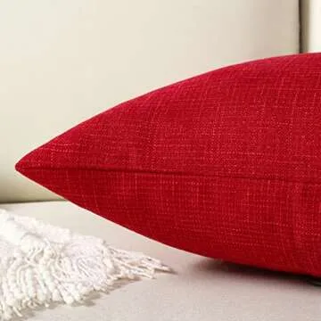 HAUSSY Red Linen Decorative Throw Pillow Covers 18x18 Inch Set of 2,Square Cushion Case with 3 Vintage Buttons,Modern Farmhouse Home Decor for Couch,Bed