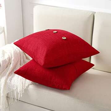 HAUSSY Red Linen Decorative Throw Pillow Covers 18x18 Inch Set of 2,Square Cushion Case with 3 Vintage Buttons,Modern Farmhouse Home Decor for Couch,Bed