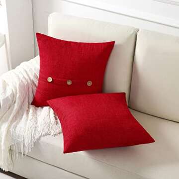 HAUSSY Red Linen Decorative Throw Pillow Covers 18x18 Inch Set of 2,Square Cushion Case with 3 Vintage Buttons,Modern Farmhouse Home Decor for Couch,Bed