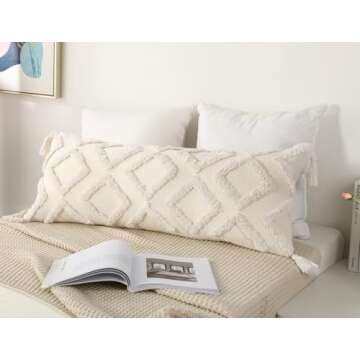 PANOD Decorative Long Lumbar Pillow Cover 14x36 Boho,Super Soft Chenille Extra Long Lumbar Pillow Case Cover with Tassel for Bed Sofa Couch Farmhouse Livingroom,White,Modern Skinny