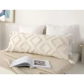 PANOD Decorative Long Lumbar Pillow Cover 14x36 Boho,Super Soft Chenille Extra Long Lumbar Pillow Case Cover with Tassel for Bed Sofa Couch Farmhouse Livingroom,White,Modern Skinny
