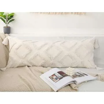 PANOD Decorative Long Lumbar Pillow Cover 14x36 Boho,Super Soft Chenille Extra Long Lumbar Pillow Case Cover with Tassel for Bed Sofa Couch Farmhouse Livingroom,White,Modern Skinny