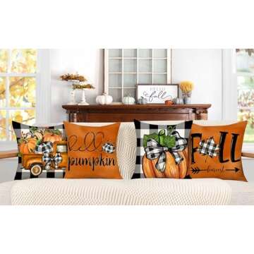 4TH Emotion Fall Pillow Covers 18x18 Set of 4 Thanksgiving Buffalo Check Farmhouse Decorations Orang...