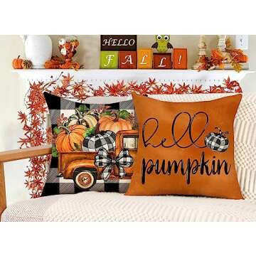 4TH Emotion Fall Pillow Covers 18x18 Set of 4 Thanksgiving Buffalo Check Farmhouse Decorations Orange Pumpkin Outdoor Autumn Farm Truck Pillows Decorative Throw Cushion Case for Home Decor S23F22