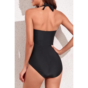 Smismivo Tummy Control Swimwear Halter One Piece Slimming Vintage Retro Swimsuit Womens Ruched Plus Size Push Up Bathing Suit Black