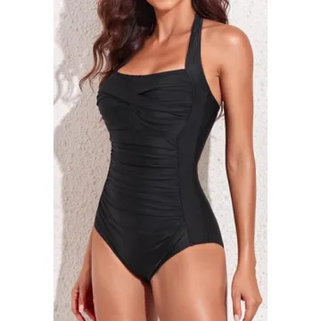 Smismivo Tummy Control Swimwear Halter One Piece Slimming Vintage Retro Swimsuit Womens Ruched Plus Size Push Up Bathing Suit Black