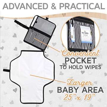 Portable Diaper Changing Pad Clutch, Travel Changer Station Kit for Baby and Infant with Extra Long Mat by Pantheon, Holds Diapers and Wipes (Black Breton Stripes)