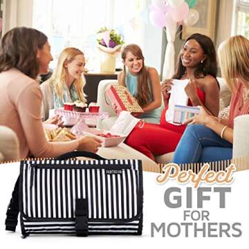 Portable Diaper Changing Pad Clutch, Travel Changer Station Kit for Baby and Infant with Extra Long Mat by Pantheon, Holds Diapers and Wipes (Black Breton Stripes)