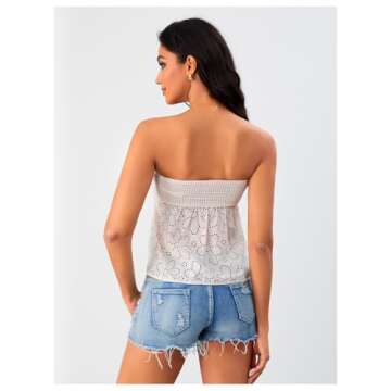 GORGLITTER Women's Flowy Tube Top Twist Front Cut Out Eyelet Strapless Embroidery Bandeau Beige Medium