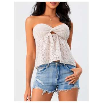 GORGLITTER Women's Flowy Tube Top Twist Front Cut Out Eyelet Strapless Embroidery Bandeau Beige Medium