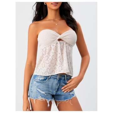 GORGLITTER Women's Flowy Tube Top Twist Front Cut Out Eyelet Strapless Embroidery Bandeau Beige Medium