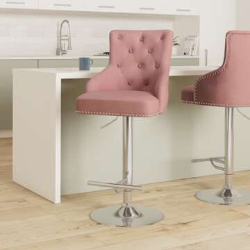 Irene House Velvet Fabric Bar Stool Adjustable Height Tufted Upholstered Barstool with Footrest Swivel Dining Chair for Kitchen Dining Counter Room (Pink, Fabric)