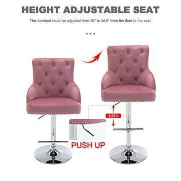 Irene House Velvet Fabric Bar Stool Adjustable Height Tufted Upholstered Barstool with Footrest Swivel Dining Chair for Kitchen Dining Counter Room (Pink, Fabric)