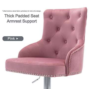 Irene House Velvet Fabric Bar Stool Adjustable Height Tufted Upholstered Barstool with Footrest Swivel Dining Chair for Kitchen Dining Counter Room (Pink, Fabric)