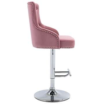 Irene House Velvet Fabric Bar Stool Adjustable Height Tufted Upholstered Barstool with Footrest Swivel Dining Chair for Kitchen Dining Counter Room (Pink, Fabric)