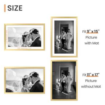 upsimples 11x17 Picture Frame, Display Pictures 9x15 with Mat or 11 x 17 Without, Wall Hanging Poster Frames, Gold, 1 Pack
