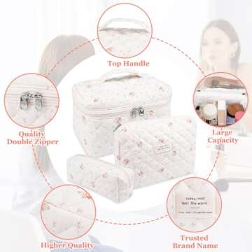 Stylish Quilted Floral Makeup Bag Set for Women