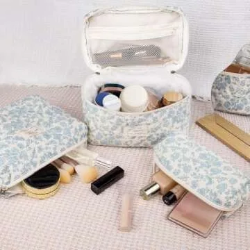 Stylish Quilted Floral Makeup Bag Set for Women