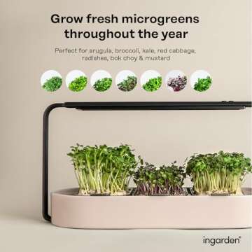 ingarden Microgreens Growing Kit - Organic Superfood Sprouting Seed Pads (3) | Auto 4-Stage LED Grow Lights & Hydroponic Watering System | Chic Steel Frame & Ceramic Bowl, Plastic-Free [Beige]