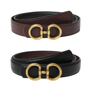AWAYTR Reversible Belt for Women - Two-in-One Women Fashion Leather Belt for Jeans with Golden Buckl...
