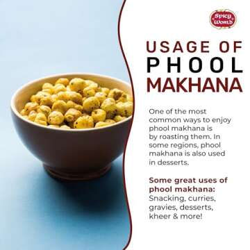 Spicy World Phool Makhana (Fox Nut/Popped Lotus Root Seed/Popped Water Lily Seeds) 200g (7oz) ~ Plain Raw Uncooked | ~ All Natural | Vegan | No Colors | Indian