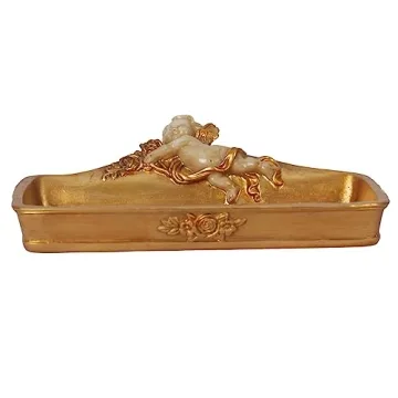 S-MANTIS Vintage Tray Antique Trinket Dish, Small Rectangular, Ring Holder With Cherub and Floral Design,Jewelry Or Cosmetics Makeup Storage Organizer,Gift,Aesthetic Room Decor (Ivory and Gold-Cherub)