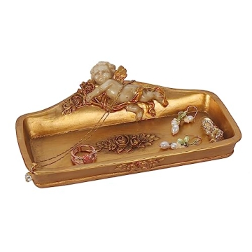 S-MANTIS Vintage Tray Antique Trinket Dish, Small Rectangular, Ring Holder With Cherub and Floral Design,Jewelry Or Cosmetics Makeup Storage Organizer,Gift,Aesthetic Room Decor (Ivory and Gold-Cherub)