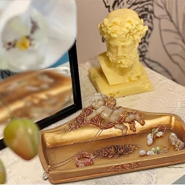 S-MANTIS Vintage Tray Antique Trinket Dish, Small Rectangular, Ring Holder With Cherub and Floral Design,Jewelry Or Cosmetics Makeup Storage Organizer,Gift,Aesthetic Room Decor (Ivory and Gold-Cherub)