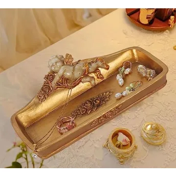 S-MANTIS Vintage Tray Antique Trinket Dish, Small Rectangular, Ring Holder With Cherub and Floral Design,Jewelry Or Cosmetics Makeup Storage Organizer,Gift,Aesthetic Room Decor (Ivory and Gold-Cherub)
