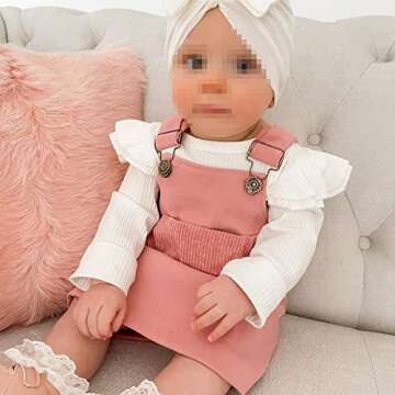 Kupretty Newborn Baby Girl Fall Clothes Ruffle Long Sleeve Ribbed Romper Corduroy Suspender Skirts I...